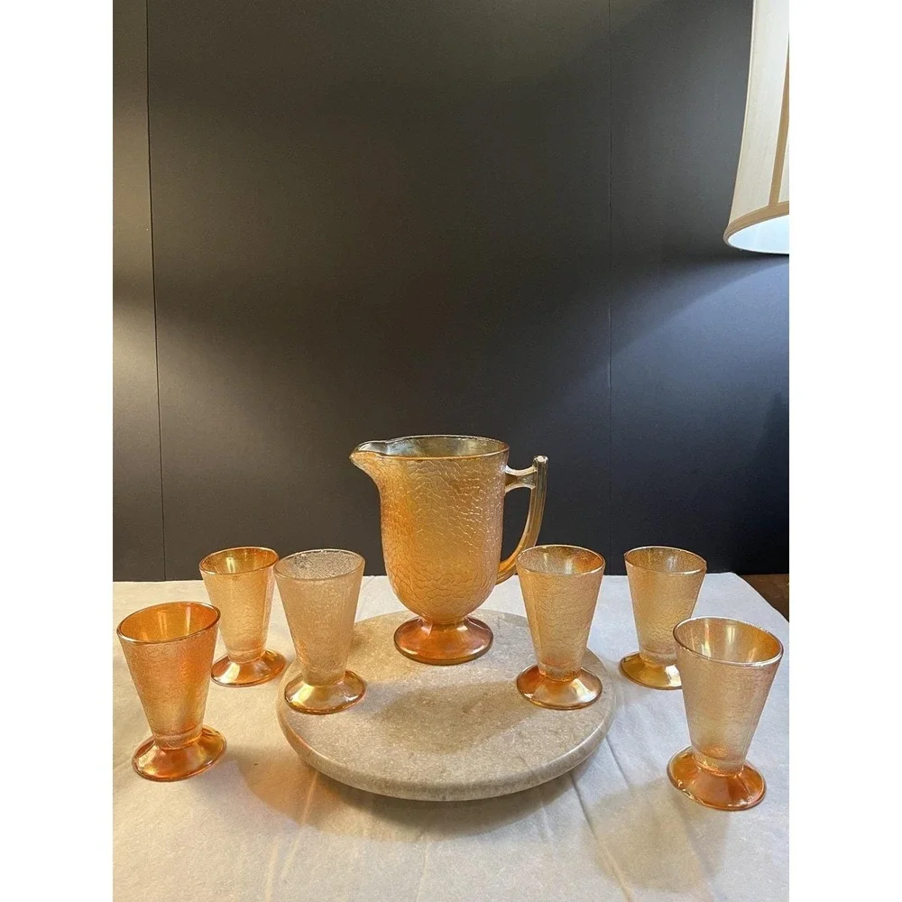Beautiful Marigold 1930's Crackle Jeanette Glass Pitcher W/ 6 Footed Tumblers